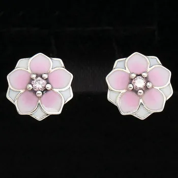 

Original Enamel Magnolia Bloom With Crystal Studs Earring For Women 925 Sterling Silver Earring Wedding Gift DIY Jewelry