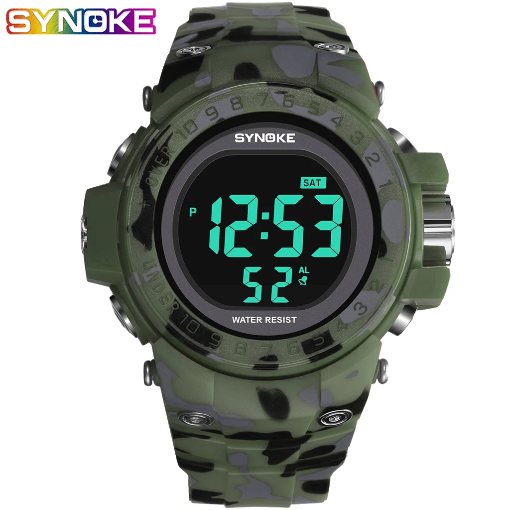 SYNOKE мужские спортивные часы цифровые наручные часы камуфляжные зеленые военные часы будильник Дата многофункциональные легко красные