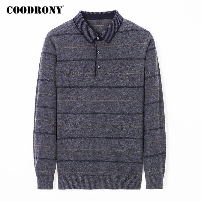 

COODRONY Brand Wool Sweater Men Autumn Winter Turn-down Collar Knitwear Pullover Shirts Business Casual Striped Pull Homme Y1090