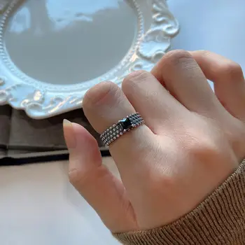 

Retro Vintage Authentic S925 Sterling Silver FINE Jewelry Black Agate stone Rows ring adjust TLJ795