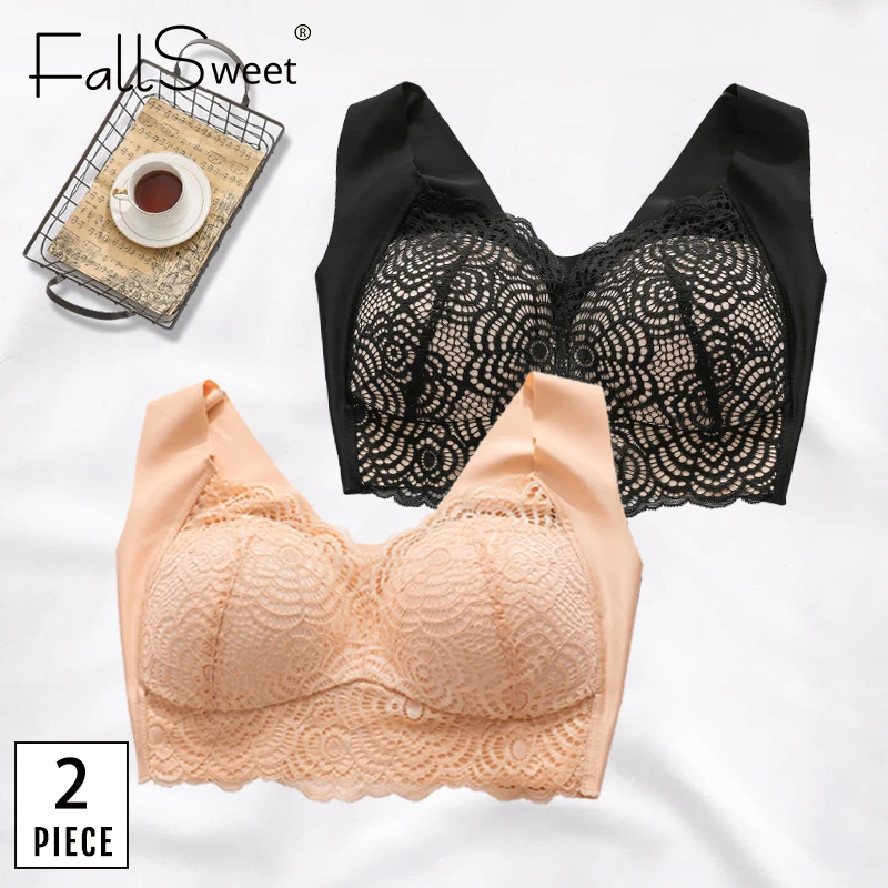 FallSweet 2 pcs / lot ! Sexy Wireless Bra Plus Size Lace Underwear Women  Bralette Top Thin Cup Vest Lingeire C D E Cup