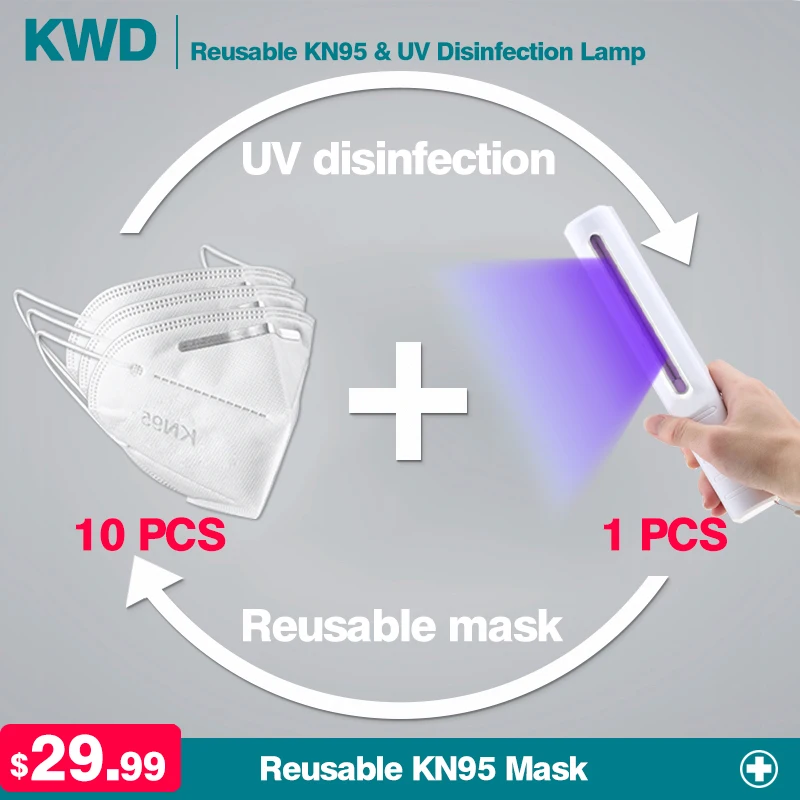 

10PCS KN95 Recyclable Face Masks 95% Filtration Mouth Masks 4-Layer Mouth Muffle Cover and UV disinfection lamp Fast shipping