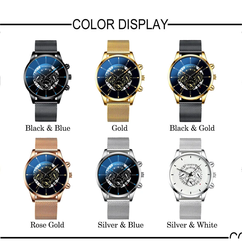 Trendy Business Men Watches Luxury Calendar Blue Dial Stainless Steel Mesh Belt Analog Quartz WristWatch Gift Relogio Masculino