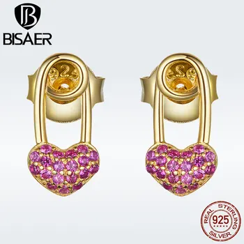 

BISAER Tiny Small Stud Earrings 925 Sterling Silver Red Cubic Zircnina Heart Pin Earring for Women Fashion Jewelry Brinco GAE043