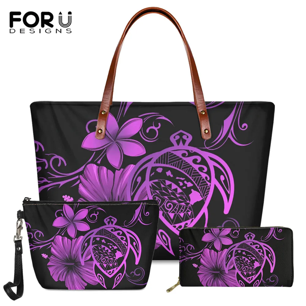 

FORUDESIGNS 3pcs/set Brand Designer Polynesian Tribal Harajuku Large Handbag Hawaiian Turtle Hibiscus Plumeria PU Leather Purse