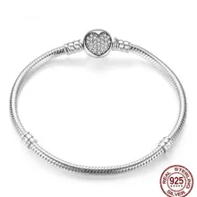 Аутентичный 925 пробы серебряный браслет Кристалл Любовь Сердце застежка змея цепочка браслет на запястье Fit бисера Шарм Diy ювелирные изделия