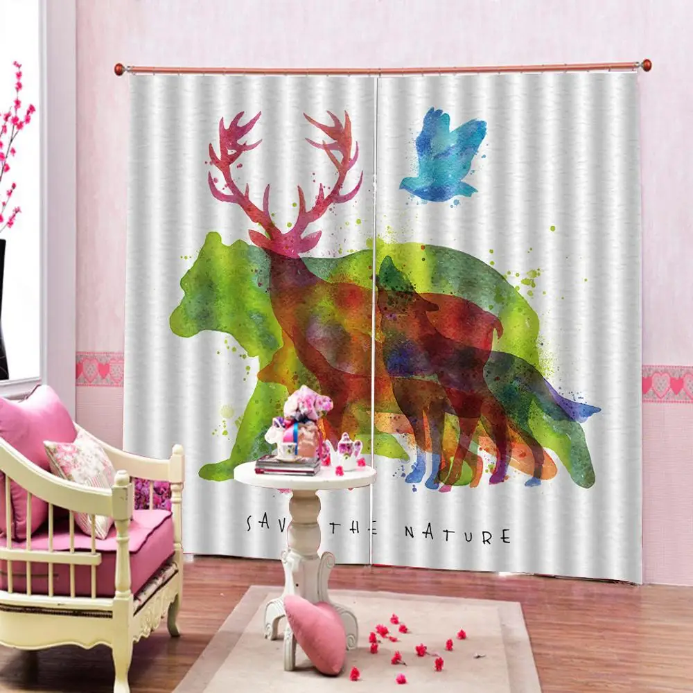 

Cartoon Animal Wolf dog Deer Curtains Digital Frint Oil painting Drapes Decor For Living room Children's room Custom any size