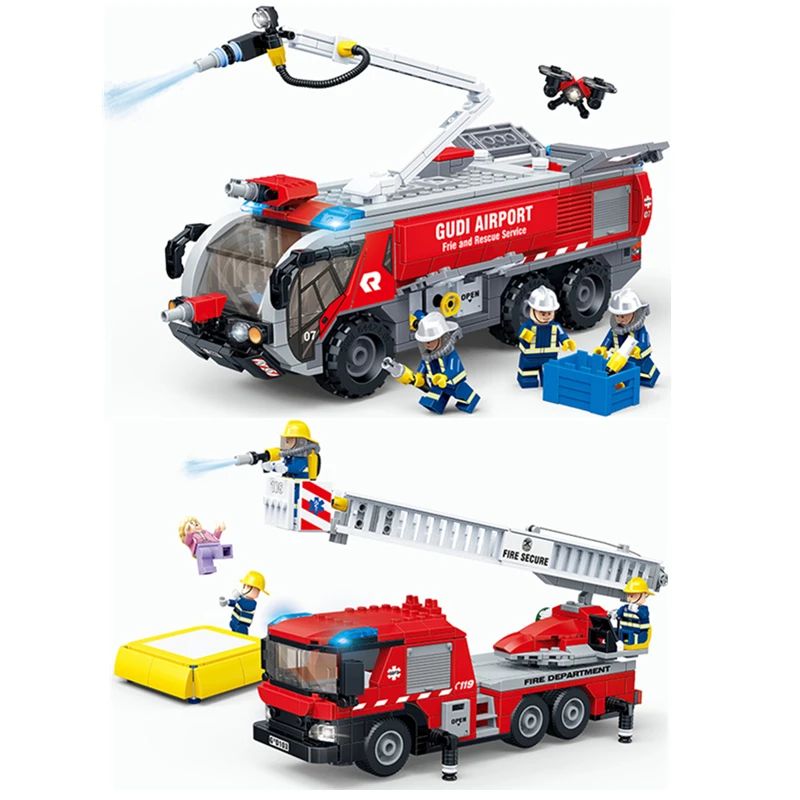 

GUDI block City Rescue Emergency Ladder Airport Fire Truck Classic Model Building Blocks kit Bricks kids Toys for Children gifts
