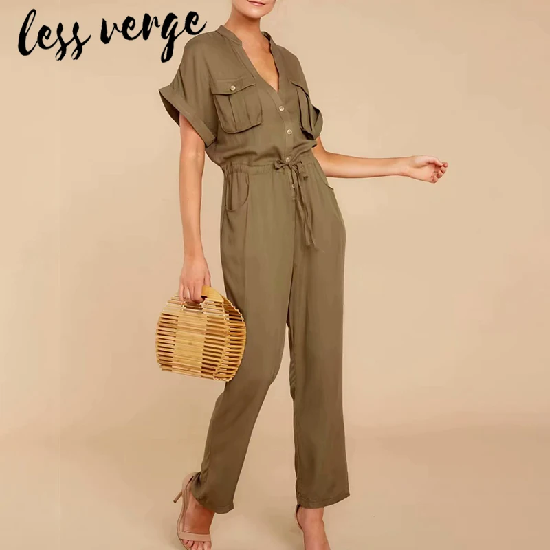 lessverge Green v neck short sleeve women jumpsuit long Casual pockets lace up ladies jumpsuit romper Plus size sexy overalls