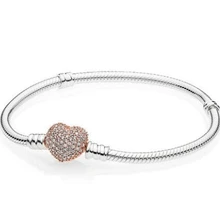 Браслет из стерлингового серебра 925 пробы, розовое золото, застежка-сердце с камнями, с хрустальным браслетом, подходит для женщин, подвеска из бисера, модные ювелирные изделия