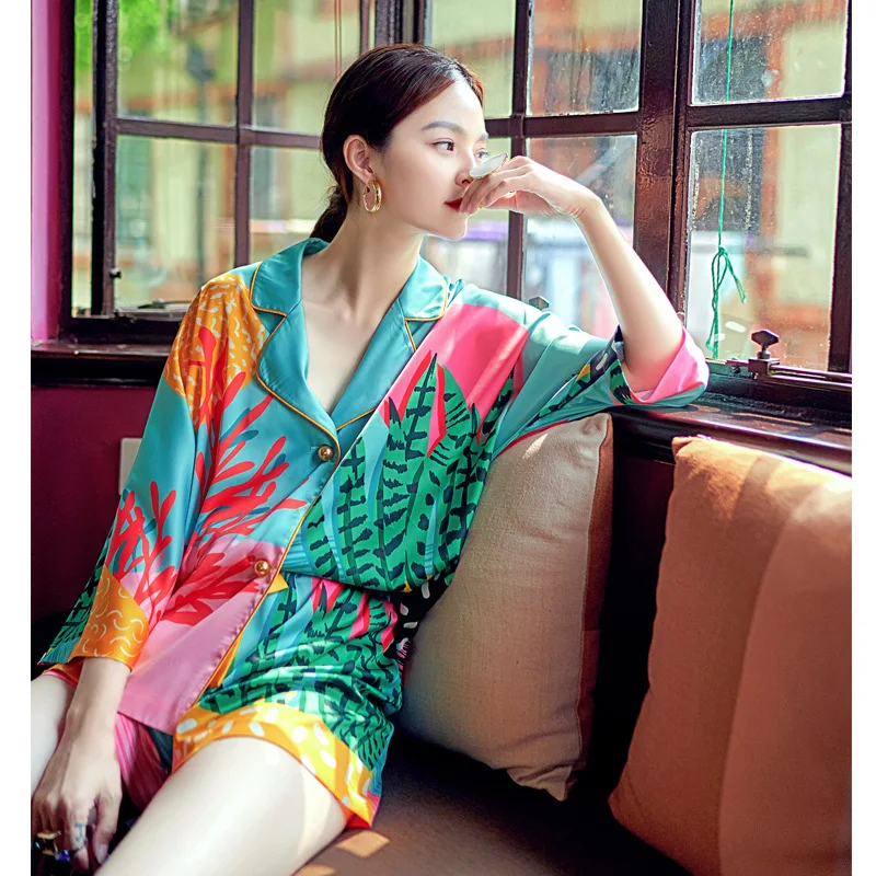 Women Pajama Set Hand Drawn Art Tropical Plants Silk Like Nightwear Shorts
