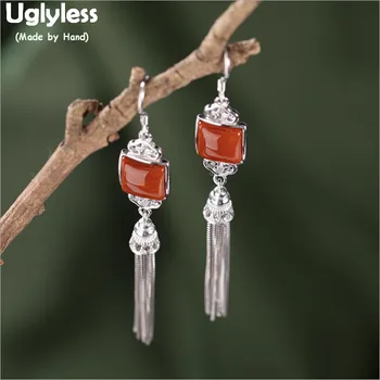 

Uglyless Fashion Summer Long Tassel Earrings for Women Ethnic Real 925 Silver Chains Earrings Agate Square Brincos Bijoux E1746