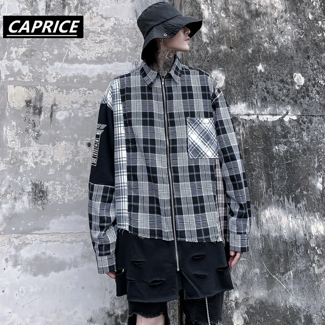 man Distressed Destroyed Holes Color Block Patchwork Pocket Long Sleeve Zipper Plaid Shirt Hip Hop Streetwear Dress Shirts tops