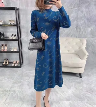

2019 Autumn Winter Fashion Blue Sweater Dress High Quality Ladies Abstract Print Long Sleeve Mid-Calf Casual Knitted Dress Plus