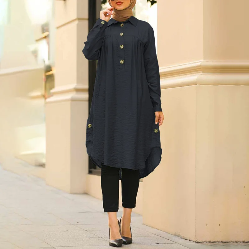 New summer Muslim blouse for women, simple cotton linen long shirt, Saudi Arabia, Islam, women's tops, lady's A-line shirt dresses.