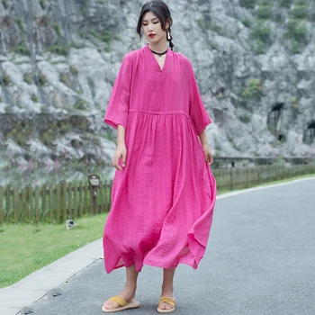 

NINI WONDERLAND 2020 Spring Retro Dress Women V Neck Solid Vintage Long Dresses Female Summer Boho Dress Big Size Midi Sundress