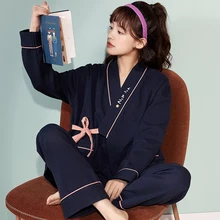 

New Kimono Straps Style Pyjamas Set Spring Autumn Woman Full Elegant Home Sleepwear Clothing Soft Full Cotton Women Pajamas Set