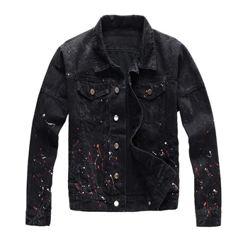 

Fashion Streetwear Men Jacket High Quality Brand Designer Stripe Printed Ripped Denim Jackets Men Punk Coat Paint Hip Hop Jacket