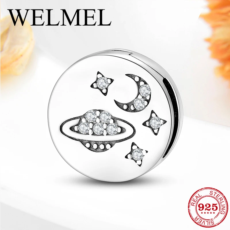 

Cosmic solar system and moon Clear CZ Clip Beads 925 Sterling Silver Charm Fit Original reflection Bracelet Women Jewelry making