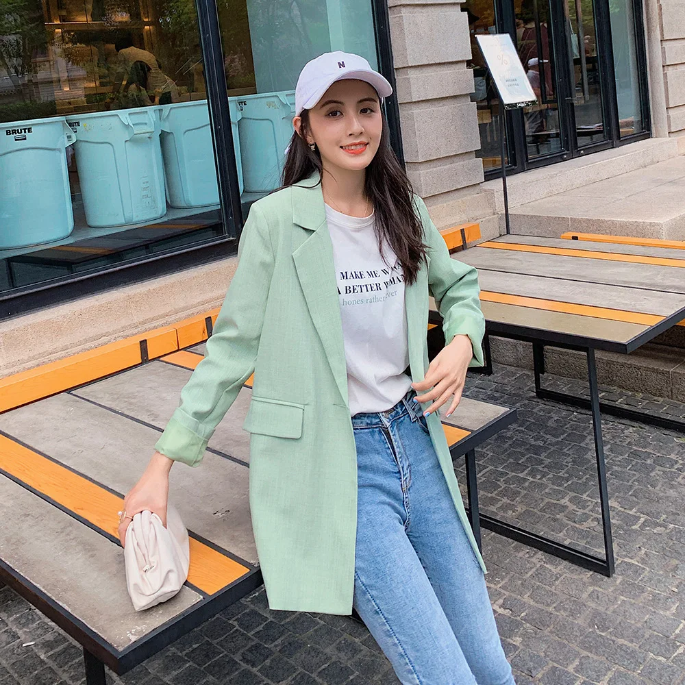 

Small Suit Coat Women's Mid-length 2019 Spring And Autumn Korean-style Slim Fit One-Button Waist Hugging Retro British Style Sui