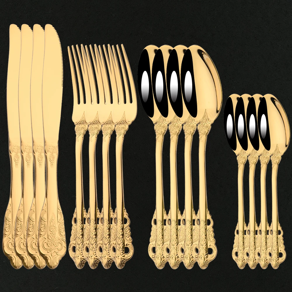 Vintage Western Gold Flatware Cutlery Dining Knife Fork Teaspoon Set Golden  Luxury Dinnerware Engraving Tableware Utensils Set - AliExpress