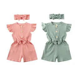 Wholesale Baby Summer Clothing Baby Girls Clothes Sets Fly-Sleeve Knitted Rompers Ribbed Solid Bowknot Jumpsuit Headband Outfits