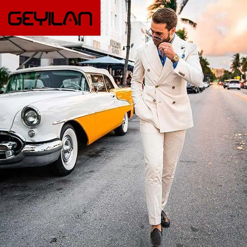 

Beige Beach Wedding Men Suits 2020 Slim Fit Groom Wear Tuxedos Peaked Lapel Double Breasted 2 Pieces (Jacket+Pants) Prom Suits