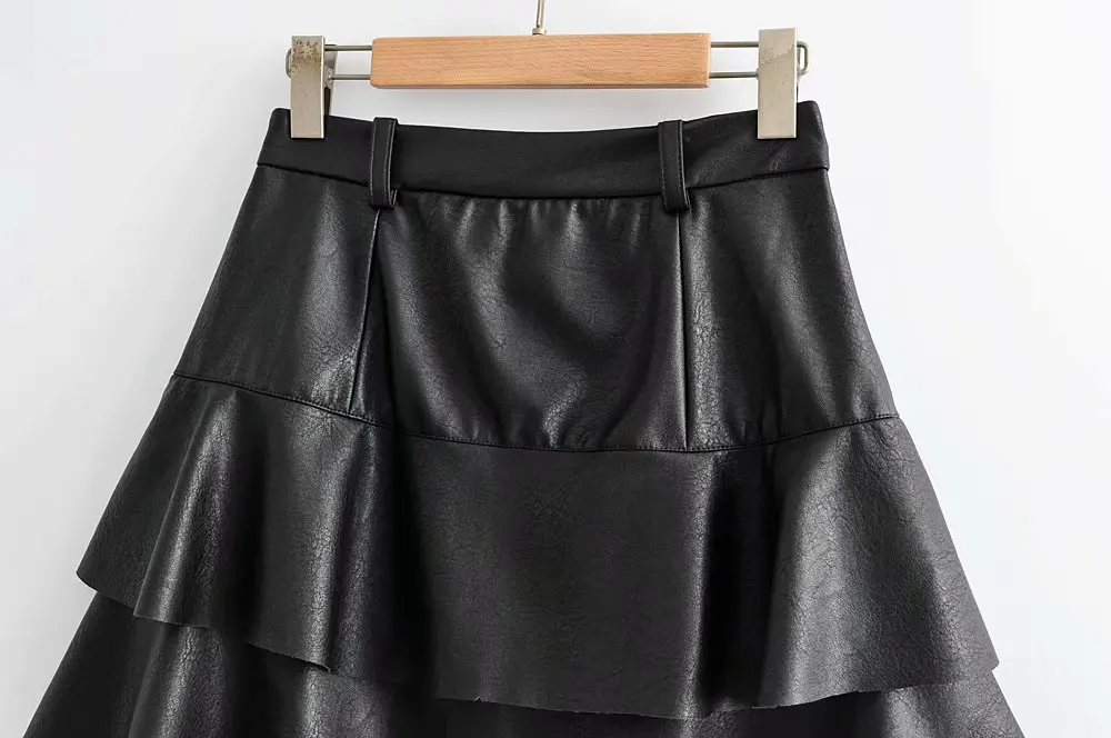 Стильная шикарная черная мини-юбка из искусственной кожи с рюшами модные женские юбки Повседневная Уличная одежда Jupe Femme