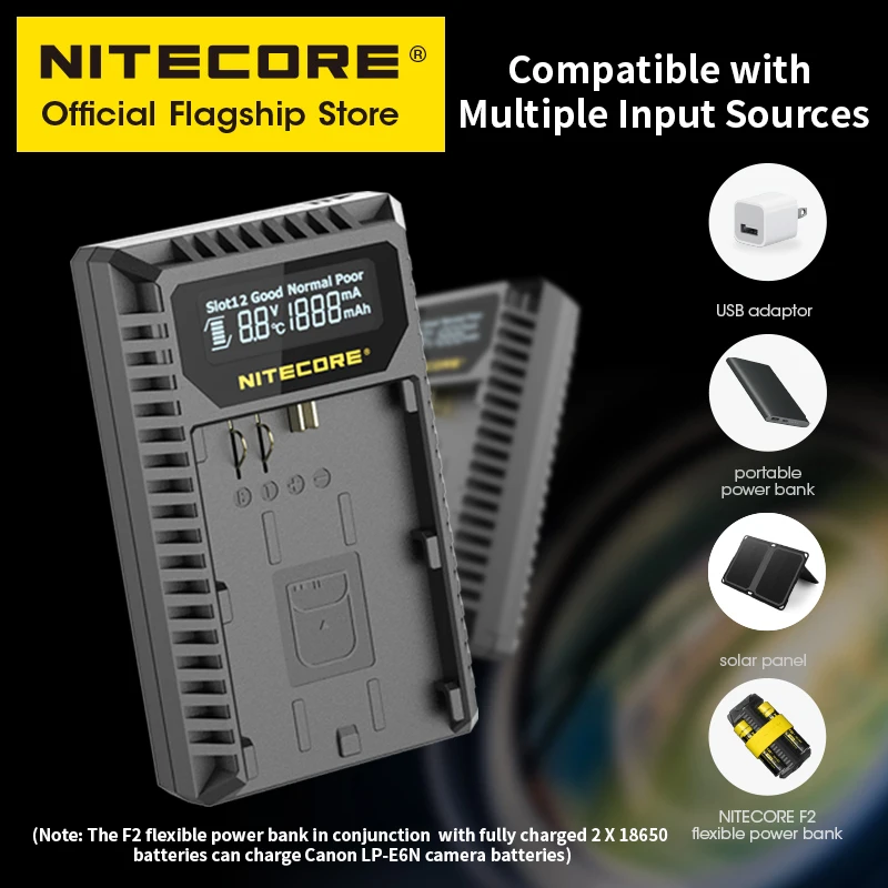 NITECORE UCN3 Camera Battery Charger Digital USB Dual Slot Charger DC 5V 2A for Canon LP-E6N EOS 5DS 6D 7D 90D R5 R6 Ra 60D 70D