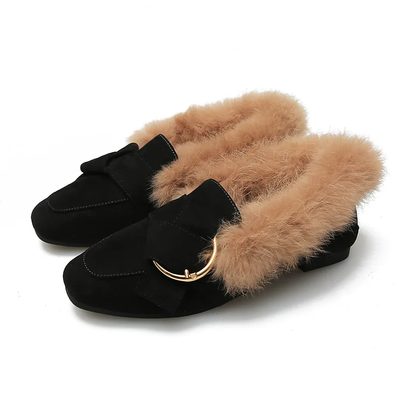 Теплая обувь на плоской подошве с натуральным кроличьим мехом; женская обувь на меху; Мокасины с меховой пряжкой; Лоферы без застежки; женская зимняя обувь; P256