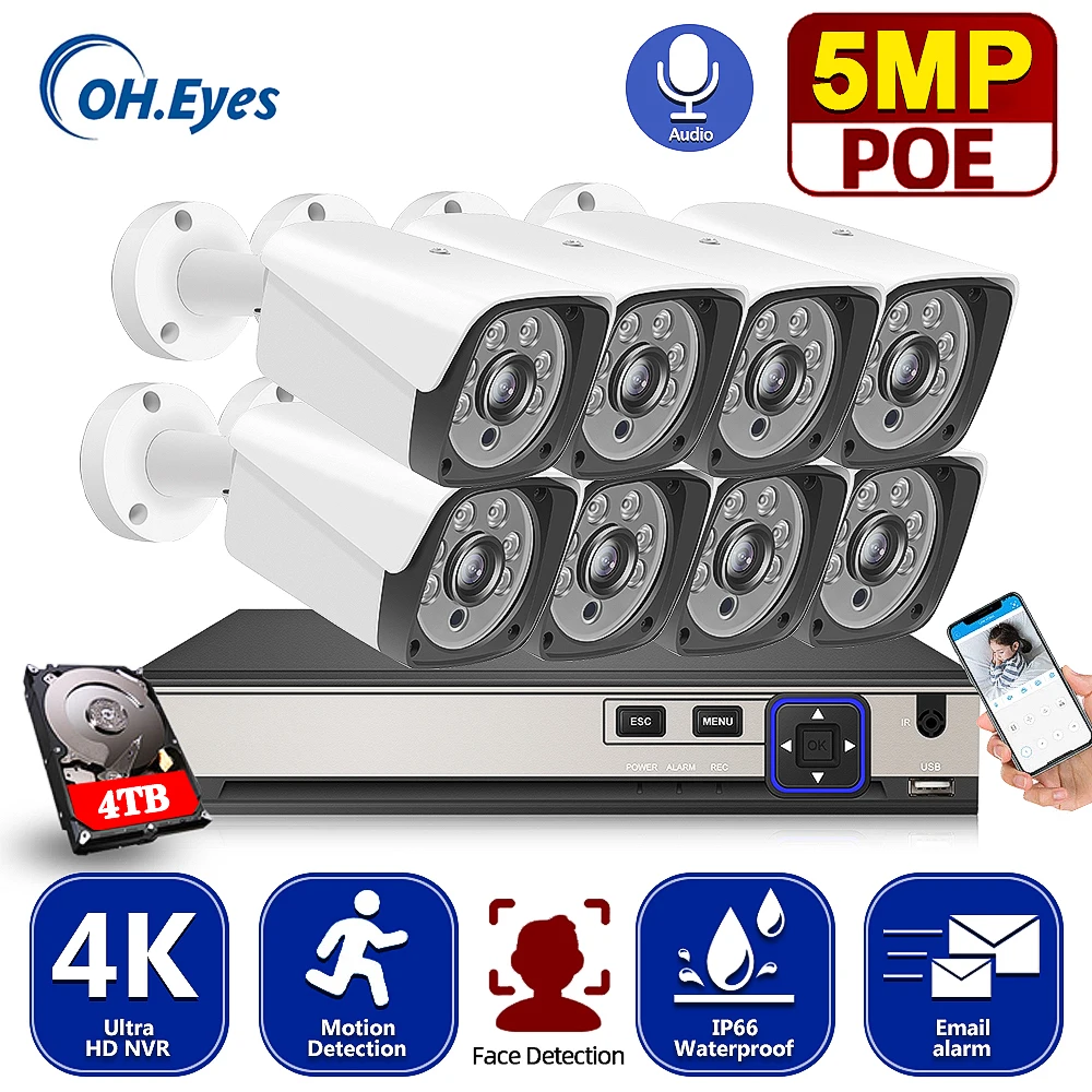 OH.EYES 8CH 5MP POE Video Security System 4K Audio Outdoor IP66 Weatherproof IR Night Vision IP Camera CCTV Surveillance Kit |