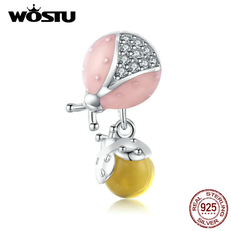 WOSTU 925 пробы серебряные Розовые и желтые бусины «божья коровка» циркониевые амулеты подходят к оригинальному браслету кулон Модные украшения BKC1371