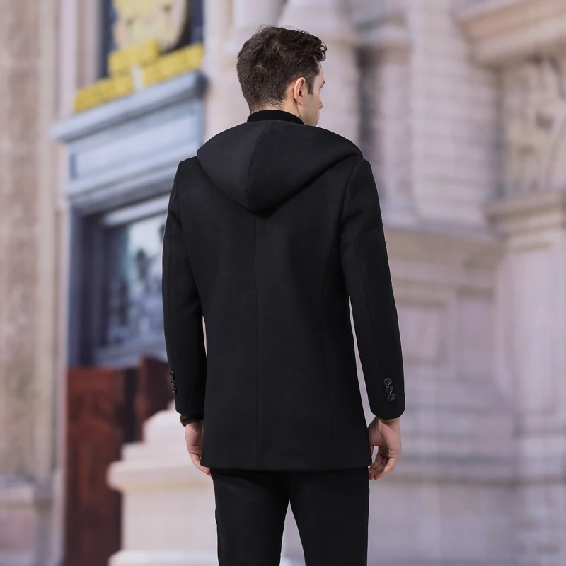 Promotion Men's Coat Hooded Overcoat Casual Trench Coat Winter Men Wool Men's Jacket Solid Men's Cashmere Coat Long Jacket Men Trench Wool