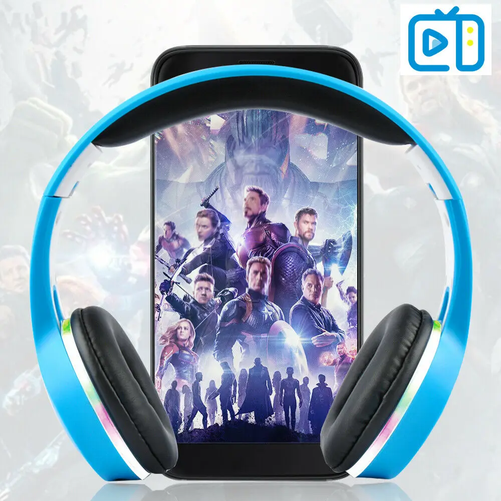 Foldable LED Lights Over the Head Bluetooth Wireless Headphones Headsets Blue