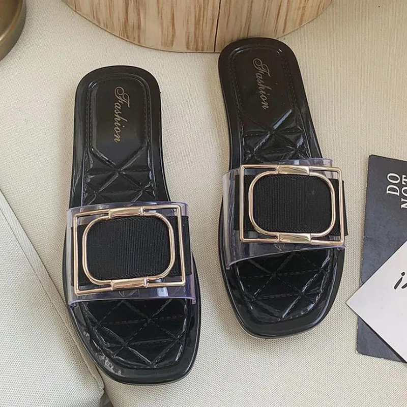 

Slippers women wear fashionable candy color square buckle sandals for summer vacation antiskid beach shoes flat bottom slippers