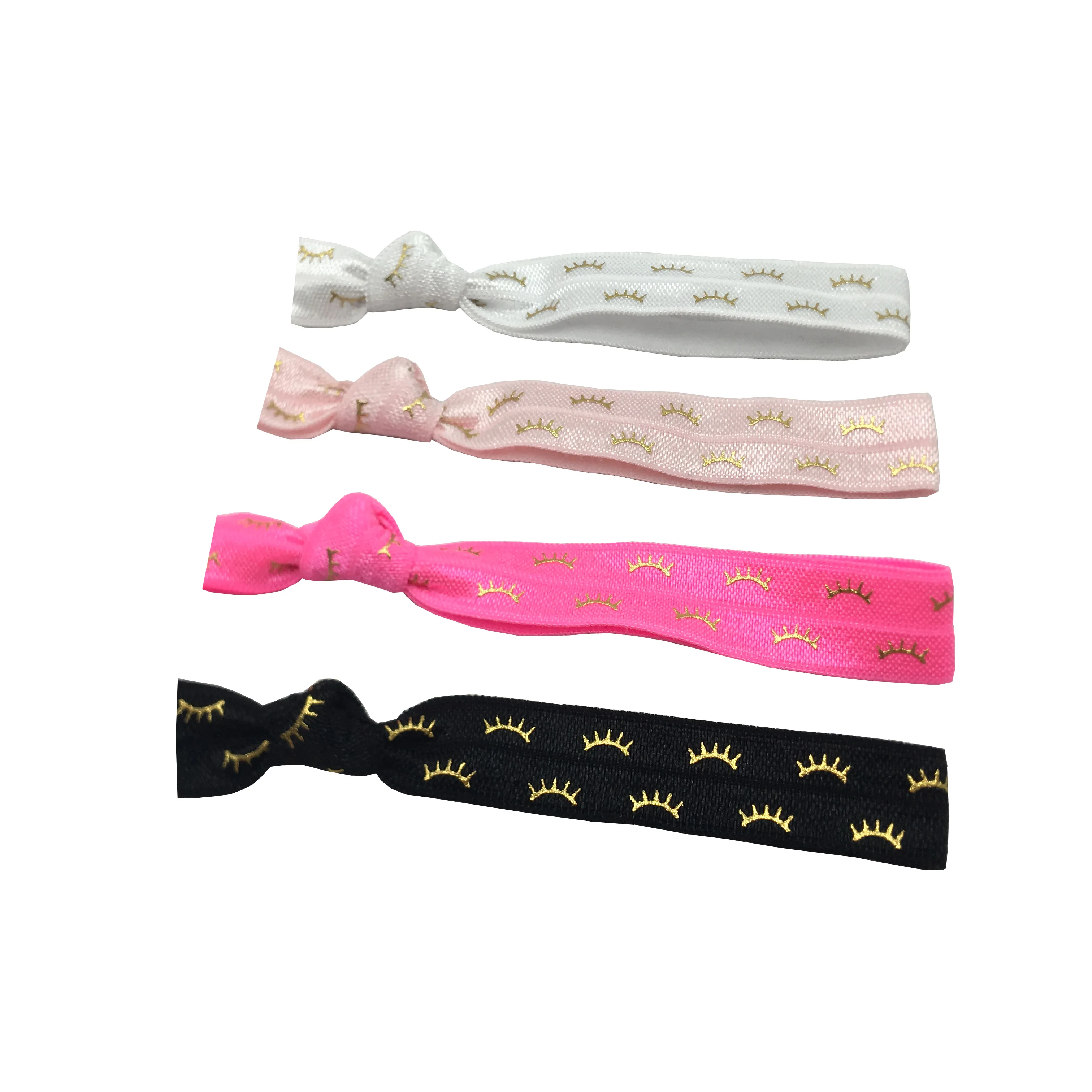 4 Colors 200pcs Gold Foil Eyelash Printed Knotted Hair Tie Wholesale Ponytail Holder Elastic Hairband Bracelet Wristaband