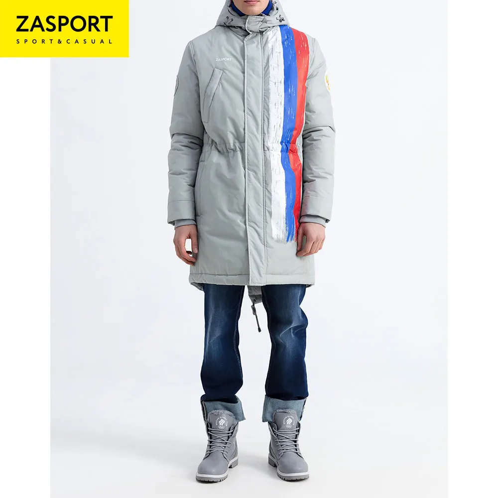 Куртка Team Russia OMA217-040/002-GRY утепленная длинная мужская серая триколор | Мужская