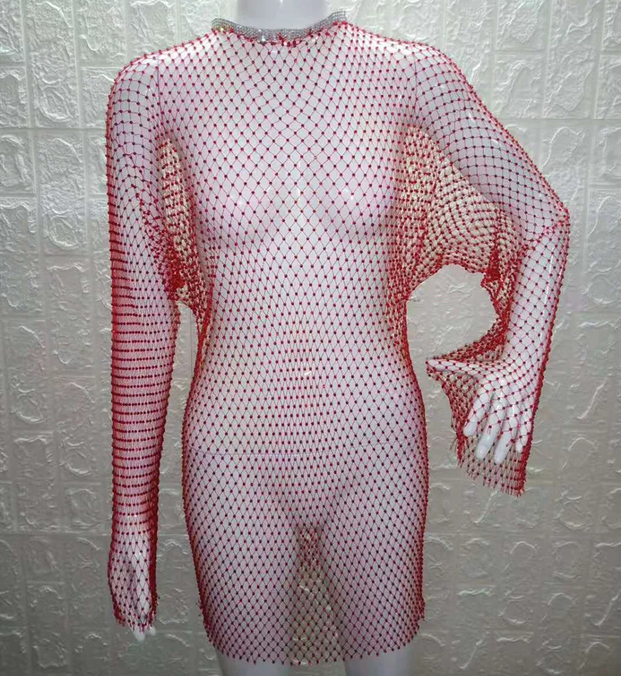 VIKINII Long Sleeve Hollow Summer Beach Crystal Dress 2020 Sexy Women Cover Ups Rhinestone Dresses Gold Beach Female Cover Ups