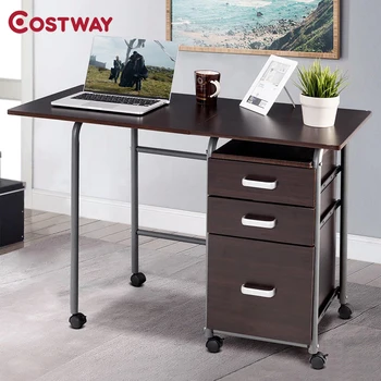 

Elegant Modern Style Folding Computer Laptop Desk Wheeled Steel Tube Frame Three Drawers Removable Home Office Furniture