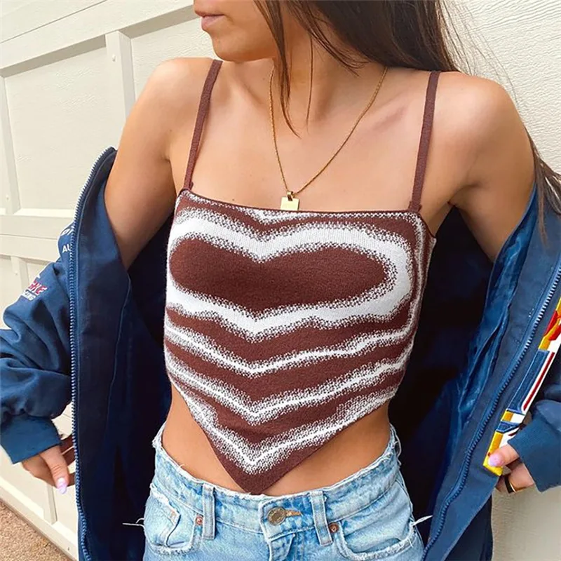 corset t shirt Heart 2022 Summer Y2K Crop Top Knit Women Brown Sexy Backless Sleeveless Red Beach 90S Off Shoulder Casual Tank Tops nude camisole