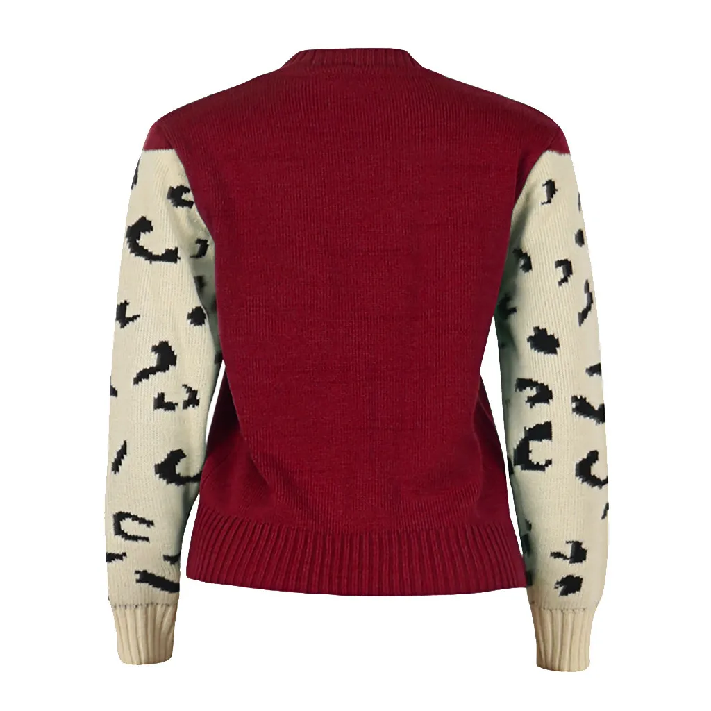 Jaycosin Fashion Women Simple Wild Animal Print Patchwork Sweater Stylish Long Sleeve Comfortable Casual Loose Top Blouse 928#4