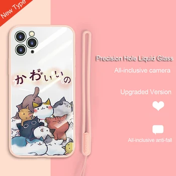 

Cute cat Liquid silicone Tempered Glass Case For iPhone 11 Pro Max 11 pro glass case + All-inclusive lens Protect Cover shell