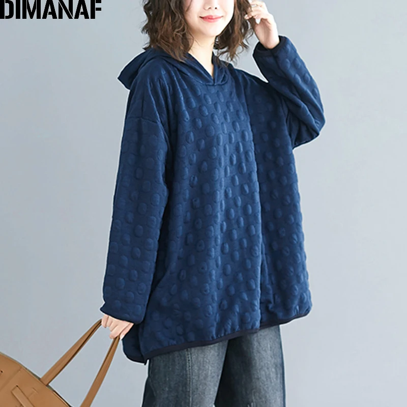 Tanie DIMANAF Plus Size kobiety bluzy z kapturem bluzy z kapturem jesień zima kobiet pulowerowe topy bawełniane grube luźne Polka Dot z kapturem podstawowe ubrania