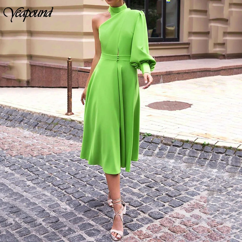 

Women One Shoulder Layered Fold Pleat Slit Dress Streetwear A Line Solid Office Elegant Dress High Neck Lantern Sleeve Dress