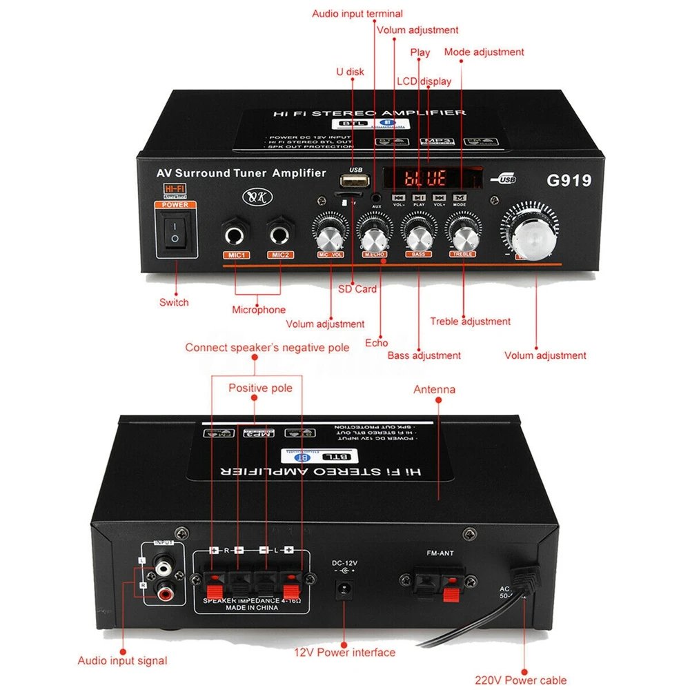 Домашний мини усилитель звука G919 12 В/220 В bluetooth стерео мощности FM SD Hi Fi 2 канала