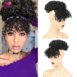 Short Kinky Curly Chignon With Bangs Synthetic Hair Bun Drawstring High Puff Ponytail Hair Extensions For Women