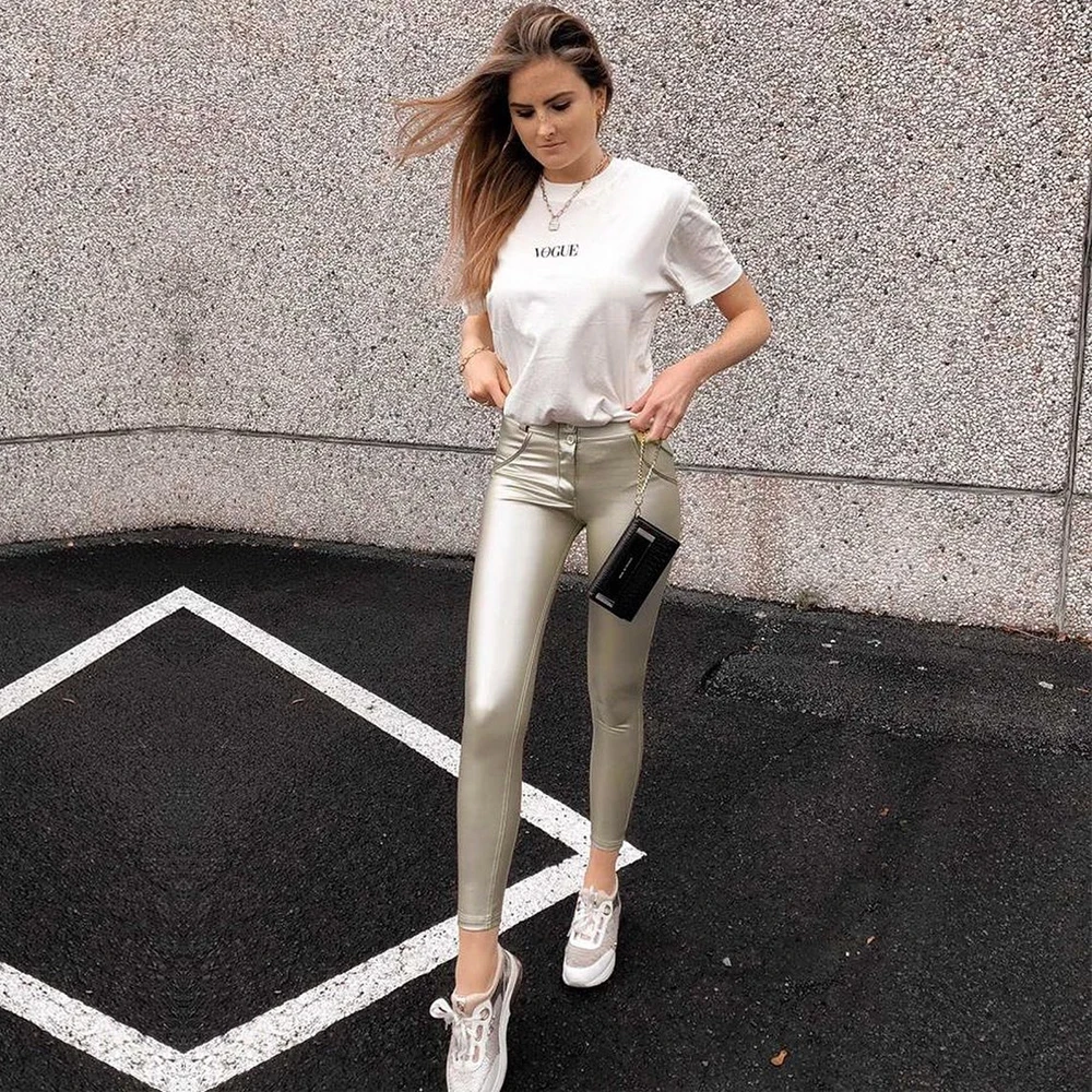 Melody Ladies Leather Look Jeans Gold Stretch Leather Pants Pu Skinny Trousers Fleece Lined Leggings New Look Woman Pants