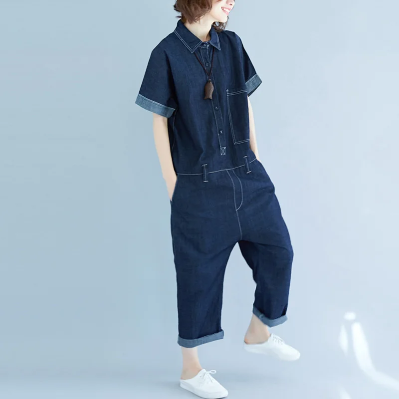 Korean Jean Jumpsuit Ladies 2020 Summer Short Sleeve Overalls Playsuit Female Pocket Loose Casual Denim Women комбенизон Z172