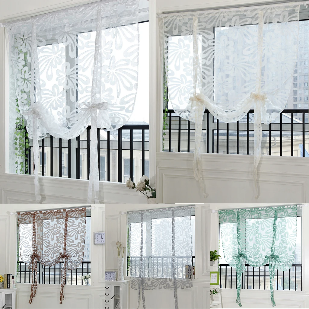 Chic Jacquard Flower Design Short Roman Window Curtain Tie-up Window Sheer Voile - for Cafe Kitchen Bedroom Window Decor