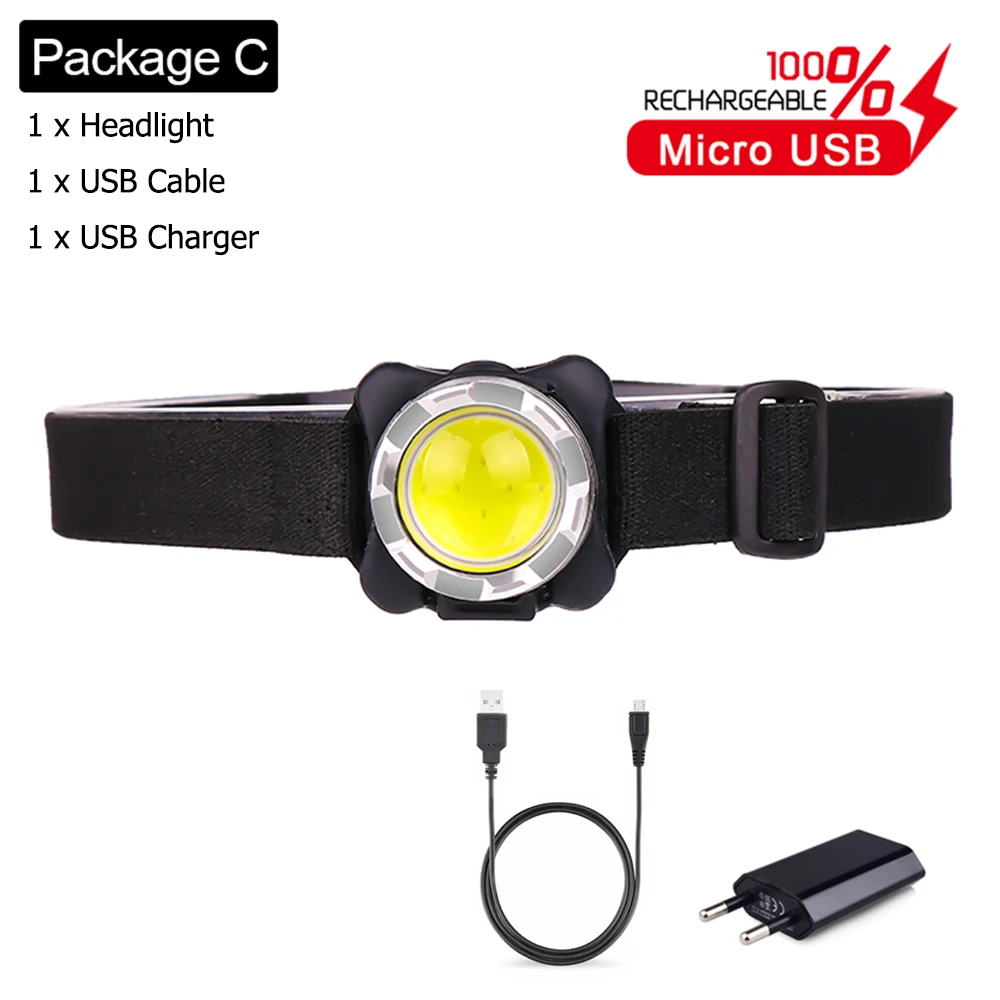 Most Powerful LED Headlamp COB LED Head Light USB Rechargeable Headlight Head Torch Waterproof Head Lamp with Built-in Battery - Испускаемый цвет: Package C